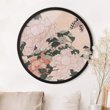 Okrągły obraz w ramie - Katsushika Hokusai - Pink Peonies With Butterfly