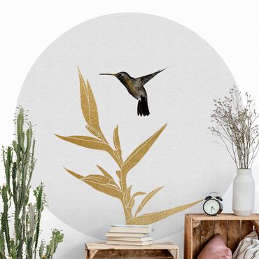 Okrągła tapeta samoprzylepna - Koliber i złoty kwiat tropikalny II