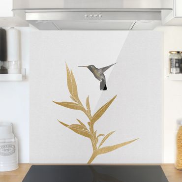 Panel szklany do kuchni - Koliber i złoty kwiat tropikalny II