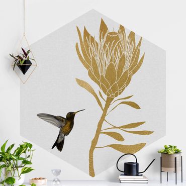 Sześciokątna tapeta samoprzylepna - Koliber i tropikalny złoty kwiat