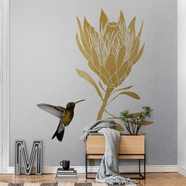 Tapeta metaliczna - Koliber i tropikalny złoty kwiat