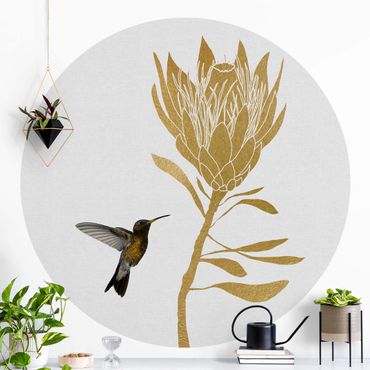 Okrągła tapeta samoprzylepna - Koliber i tropikalny złoty kwiat