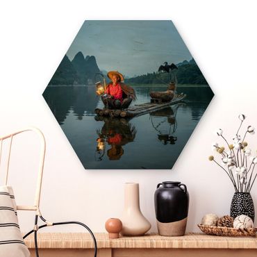 Obraz heksagonalny z drewna - Rybacy łowiący kormorany wieczorem