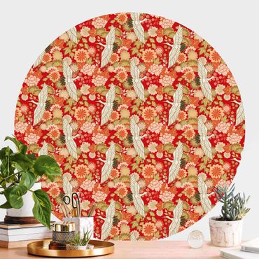 Okrągła tapeta samoprzylepna - Cranes And Chrysanthemums Red