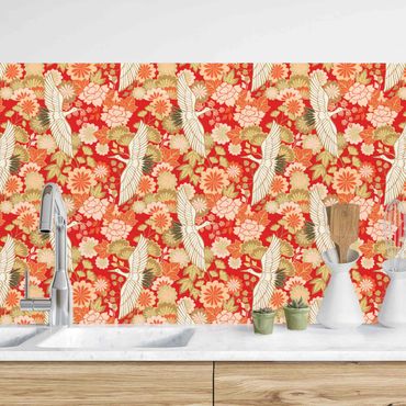 Panel ścienny do kuchni - Cranes And Chrysanthemums Red
