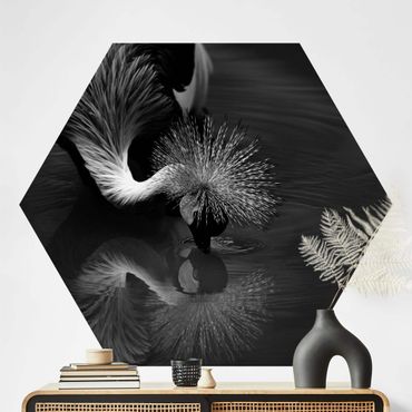 Sześciokątna tapeta samoprzylepna - Korona żurawia kokarda czarno-biały