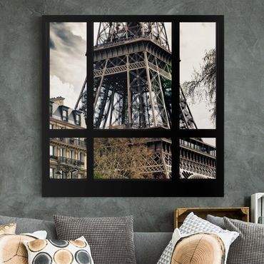 Obraz na płótnie - Widok z okna na Paryż - w pobliżu wieży Eiffla czarno-białe