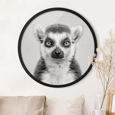 Okrągły obraz z ramką - Lemur Ludwig czarno-biały
