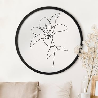 Okrągły obraz w ramie - Line Art Flower Black And White