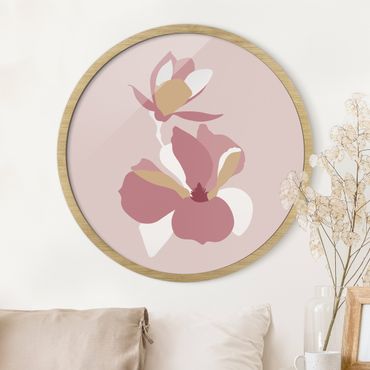 Okrągły obraz w ramie - Line Art Flowers Pastel Pink