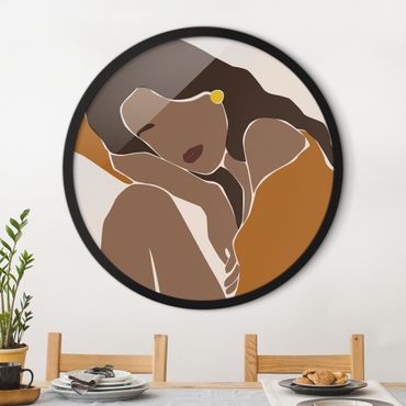 Okrągły obraz w ramie - Line Art Woman Brown Beige