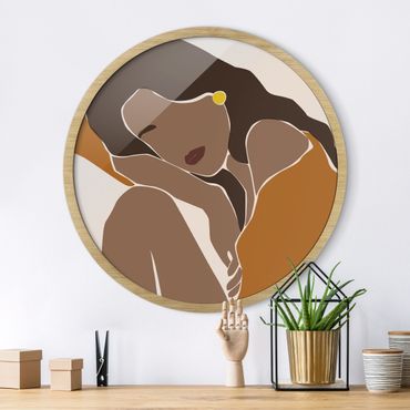 Okrągły obraz w ramie - Line Art Woman Brown Beige