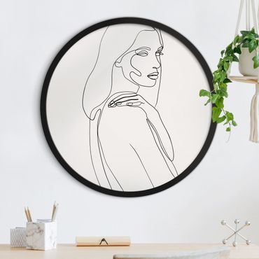 Okrągły obraz w ramie - Line Art Woman Shoulder Black And White