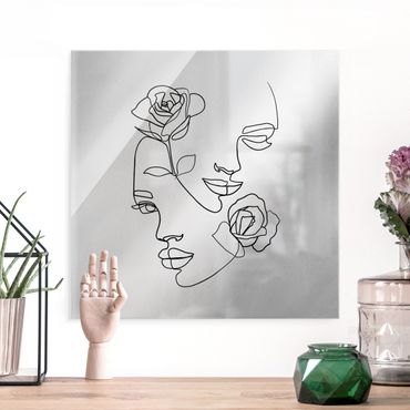 Obraz na szkle - Line Art Faces Women Roses Black And White - Kwadrat