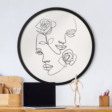 Okrągły obraz w ramie - Line Art Faces Women Roses Black And White