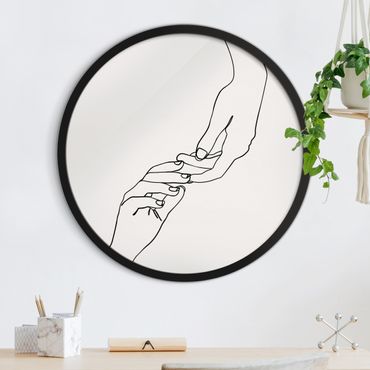 Okrągły obraz w ramie - Line Art Hands Touch Black And White
