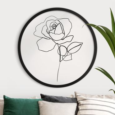 Okrągły obraz w ramie - Line Art Rose Black White