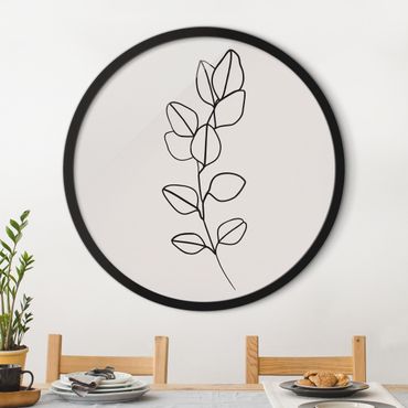 Okrągły obraz w ramie - Line Art Twig Leaves Black And White