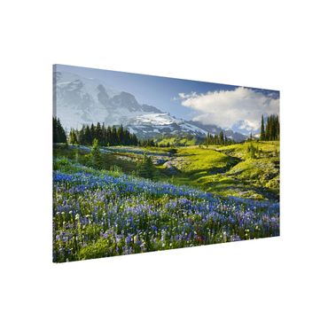 Tablica magnetyczna - Mountain Meadow With Blue Flowers in Front of Mt. Rainier