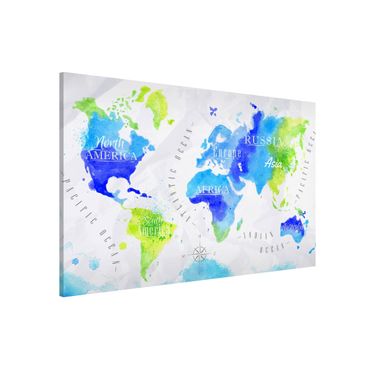 Tablica magnetyczna - Mapa świata akwarela niebiesko-zielona
