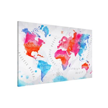 Tablica magnetyczna - Mapa świata akwarela czerwona niebieska