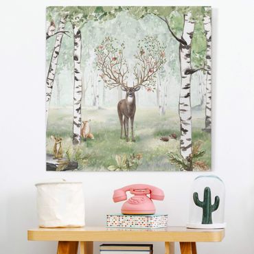 Obraz na płótnie - Majestatyczny jeleń w brzozowym lesie - Kwadrat 1:1