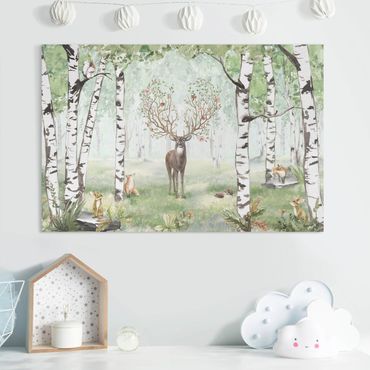 Obraz na płótnie - Majestatyczny jeleń w brzozowym lesie - Format poziomy 3:2