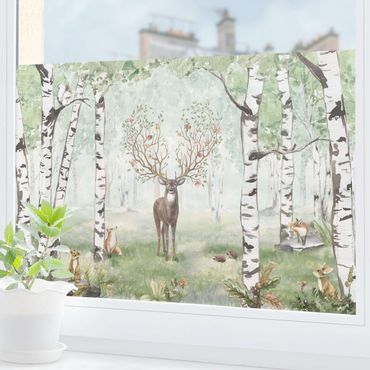 Folia okienna - Majestatyczny jeleń w brzozowym lesie