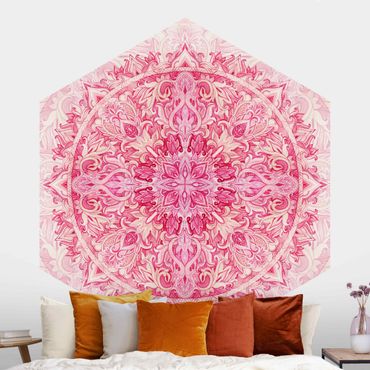 Sześciokątna tapeta samoprzylepna - Mandala akwarelowy wzór ornamentu różowy
