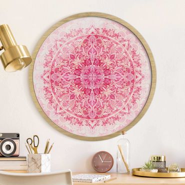 Okrągły obraz w ramie - Mandala Watercolour Ornament Pattern Pink