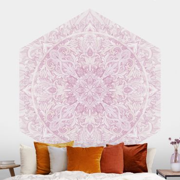 Sześciokątna tapeta samoprzylepna - Mandala akwarelowy ornament różowy