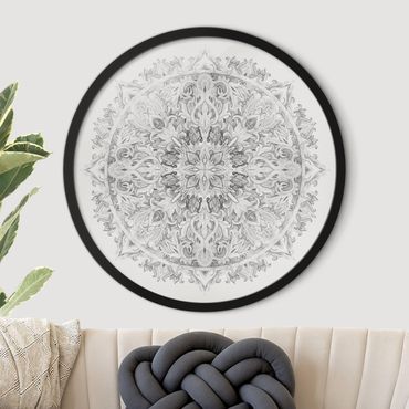 Okrągły obraz w ramie - Mandala Watercolour Ornament Black And White