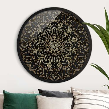 Okrągły obraz w ramie - Mandala Flower Pattern Gold Black