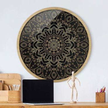 Okrągły obraz w ramie - Mandala Flower Pattern Gold Black