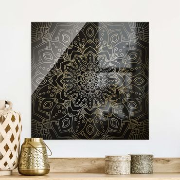 Obraz na szkle - Mandala wzór w kwiaty srebrno-czarny