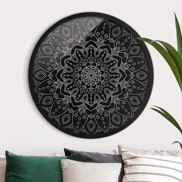 Okrągły obraz w ramie - Mandala Flower Pattern Silver Black