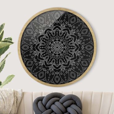 Okrągły obraz w ramie - Mandala Flower Pattern Silver Black