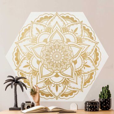 Sześciokątna tapeta samoprzylepna - Mandala flower Złoto biały
