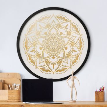 Okrągły obraz w ramie - Mandala Flower Gold White