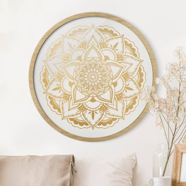 Okrągły obraz w ramie - Mandala Flower Gold White