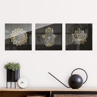 Obraz na szkle 3-częściowy - Mandala Hamsa Zestaw lotosu na rękę w kolorze czarnym