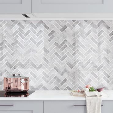 Panel ścienny do kuchni - Marble Herringbone Tiles - Medium Szary