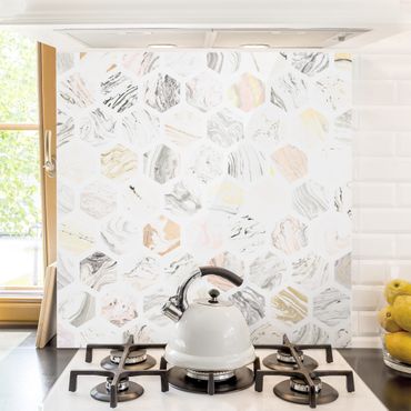 Panel szklany do kuchni - Marmurowe sześciokąty w kolorze beżowym