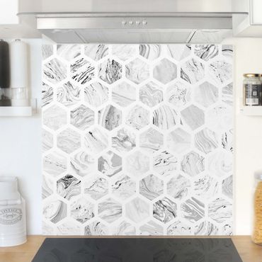 Panel szklany do kuchni - Marmurowe sześciokąty w skali szarości