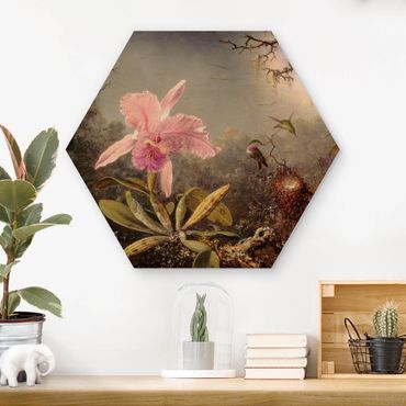 Obraz heksagonalny z drewna - Martin Johnson Heade - Orchid And Three Hummingbirds