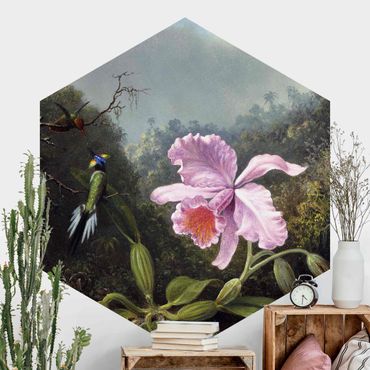 Sześciokątna tapeta samoprzylepna - Martin Johnson Heade - Martwa natura z orchideą i dwoma kolibrami