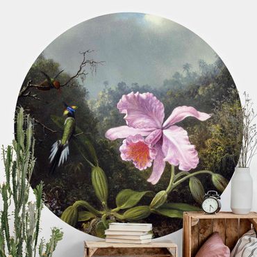 Okrągła tapeta samoprzylepna - Martin Johnson Heade - Martwa natura z orchideą i dwoma kolibrami