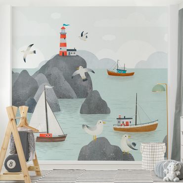 Fototapeta - Ocean With Rocks, Boats And Seagulls