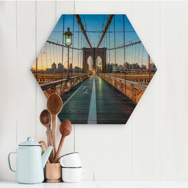 Obraz heksagonalny z drewna - Poranny widok z mostu brooklyńskiego