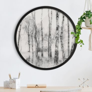 Okrągły obraz w ramie - Mystic Birch Forest Black And White